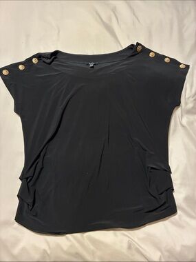 AUW Black Short Sleeve Top with Gold Button Shoulder Detail